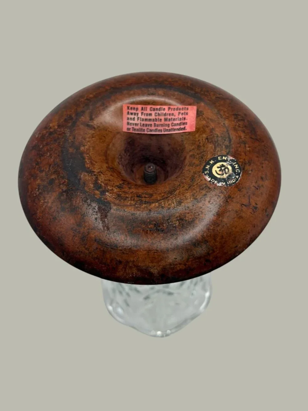 Vintage S.N.K. India Crystal Votive Candle Holder Faux Burl Wood Pedestal 6